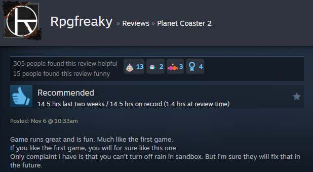 Screenshot showing Steam user reviews of Planet Coaster 2.